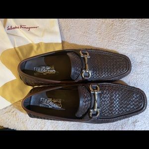 Men’s Ferragamo Woven Parigi Loafers Shoes Sz 9.5 Brown New